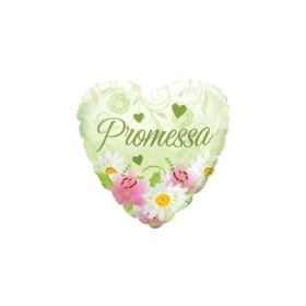 Palloncino cuore con gigli, margherite e testo Promessa standard shape 18" (45cm) in mylar, 1pz.
