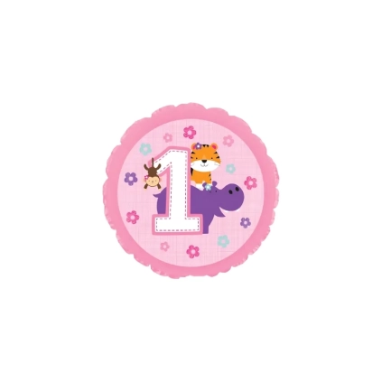 Palloncino 1 Compleanno Rosa con Animali standard shape 17" (43cm) in mylar, 1pz.
