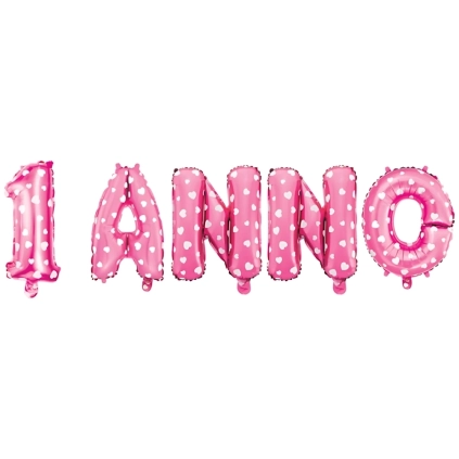 Palloncino Kit scritta 1 Anno Rosa con valvola mini shape 14" (35cm) in mylar, 1pz.