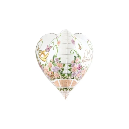Palloncino cuore 3D con Fedi nuziali, fiori e farfalle super shape 23" (58cm) in mylar, 1pz.