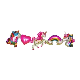 Palloncino Festone Unicorni con cannuccia nastrini mega shape 41" (104cm) in mylar, 1pz.