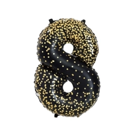 Palloncino numero 8 Nero coriandoli oro super shape 40" (101cm) in mylar, 1pz.
