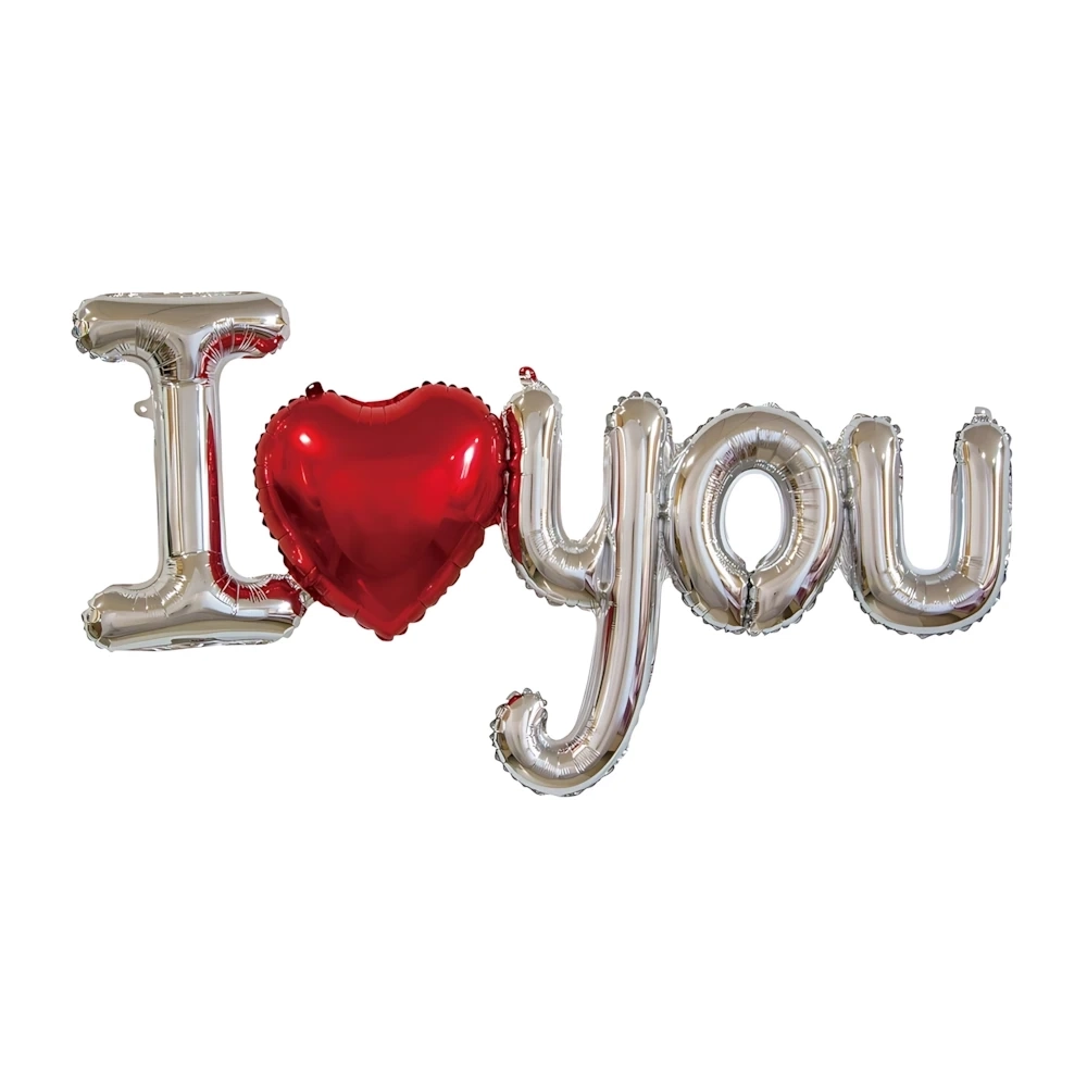 Palloncino Scritta I Love You rossa e argento mega shape 48" (121cm) in mylar, 1pz.