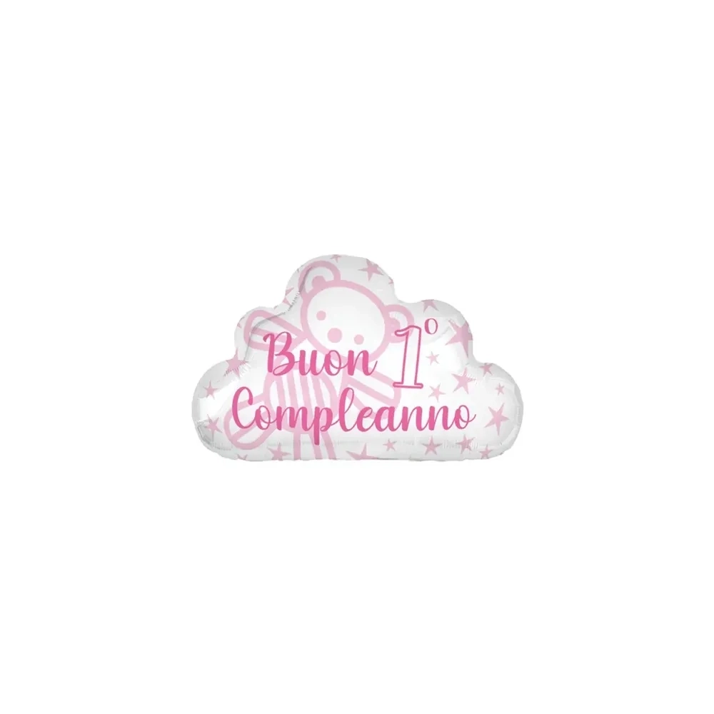 Palloncino Buon 1 Compleanno Rosa Nuvola standard shape 20" (50cm) in mylar, 1pz.