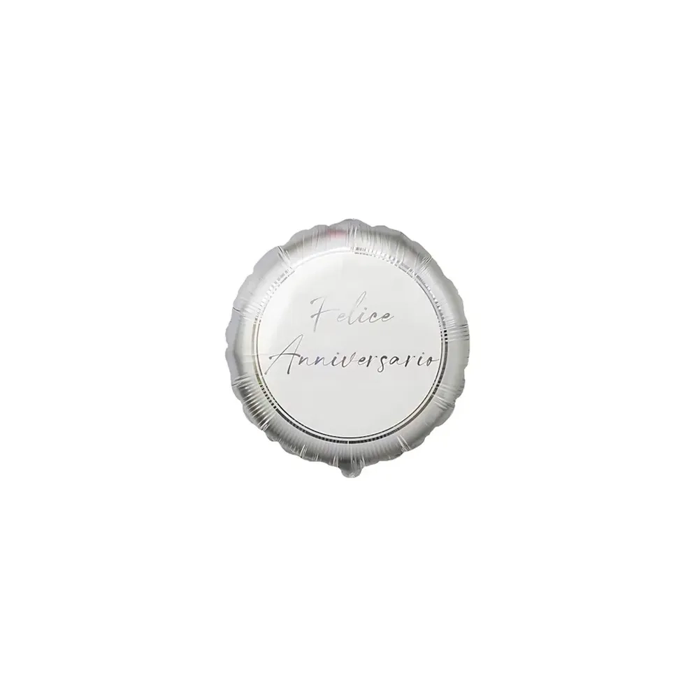 Palloncini Felice Anniversario Argento Tondo mini shape 9" (22cm) in mylar, 5pz.