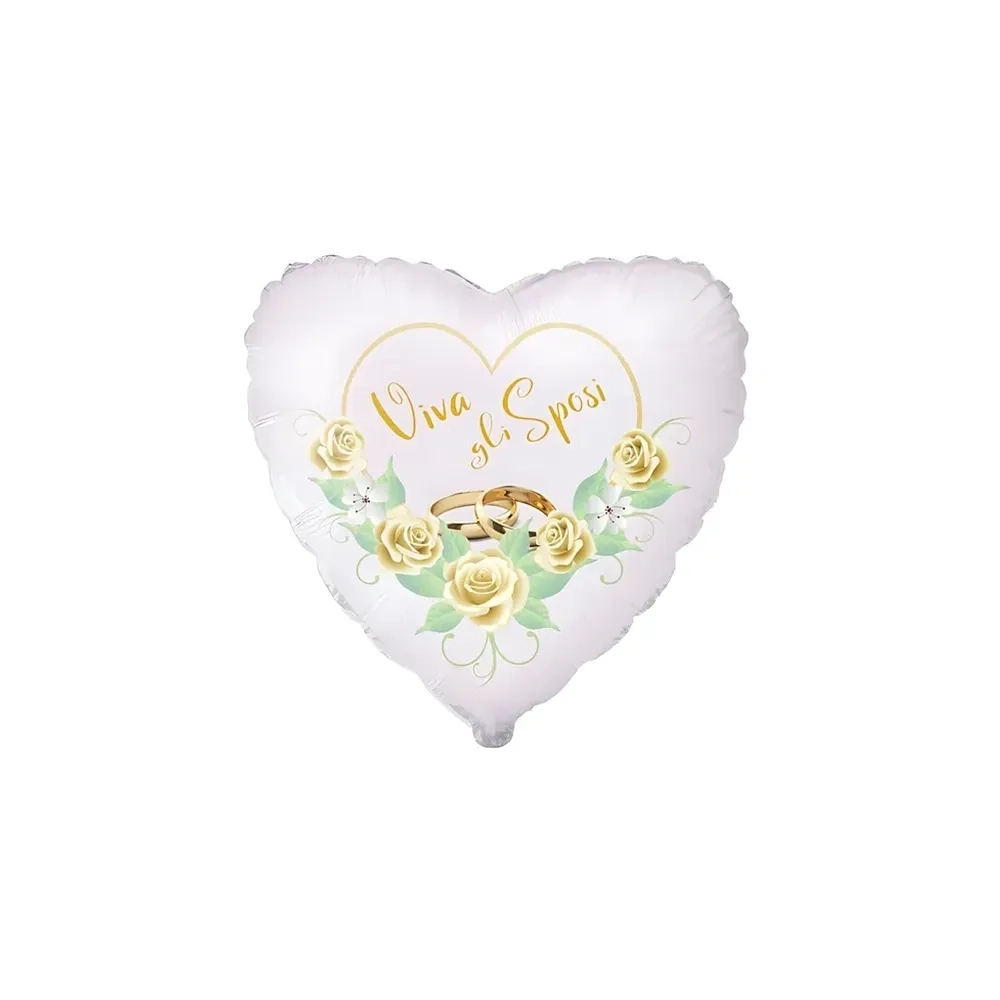Palloncino Oggi Sposi Fedi e Rose Bianche cuore standard shape 18" (45cm) in mylar, 1pz.