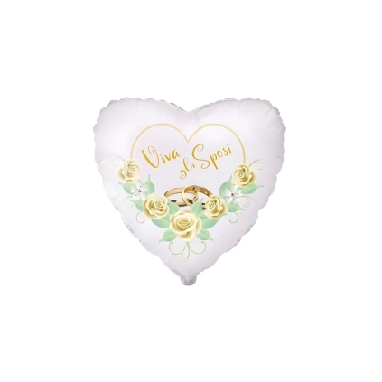 Palloncino Oggi Sposi Fedi e Rose Bianche cuore standard shape 18" (45cm) in mylar, 1pz.