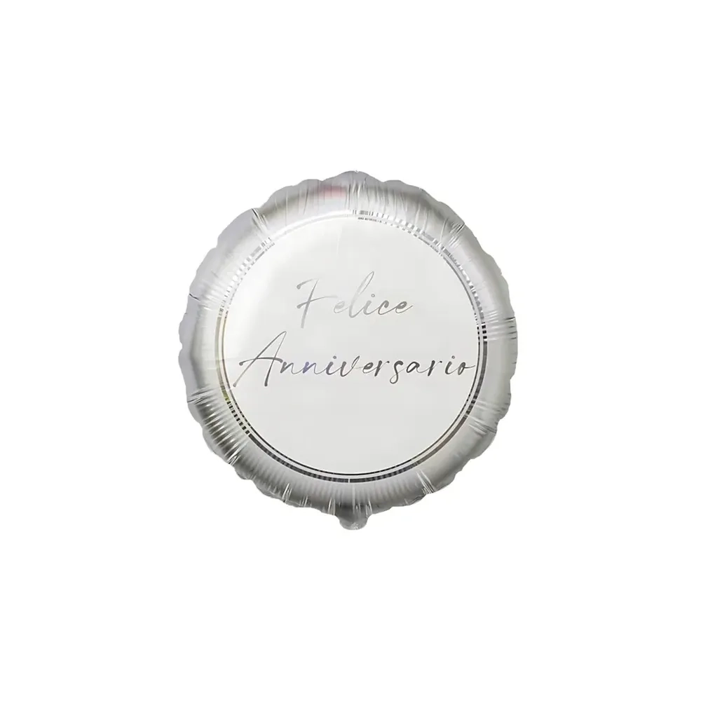 Palloncino Felice Anniversario Argento Tondo standard shape 18" (45cm) in mylar, 1pz.