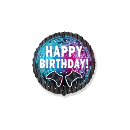 Palloncino Happy Birthday Joystick tondo standard shape 18" (45cm) in mylar, 1pz.