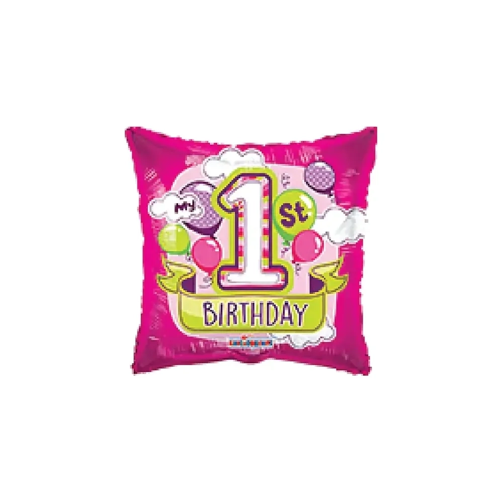 Palloncino quadrato 1st Birthday Girl standard shape 18" (45cm) in mylar, 1pz.