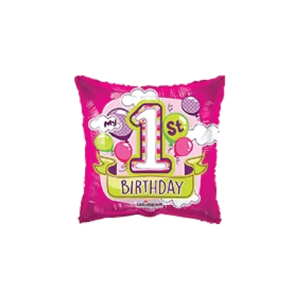 Palloncino quadrato 1st Birthday Girl standard shape 18" (45cm) in mylar, 1pz.