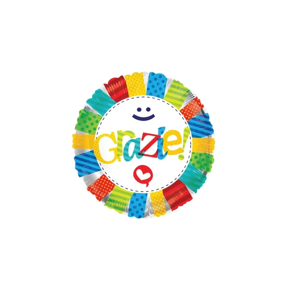 Palloncino con scritta Grazie, smile sorridente e cuoricino standard shape 18" (45cm) in mylar, 1pz.