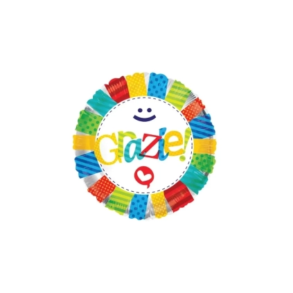Palloncino con scritta Grazie, smile sorridente e cuoricino standard shape 18" (45cm) in mylar, 1pz.