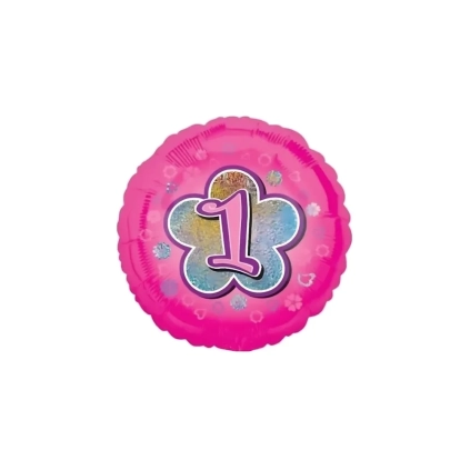 Palloncino rosa 1 Compleanno con Fiore standard shape 18" (45cm) in mylar, 1pz.