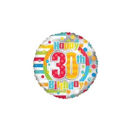 Palloncino Happy Birthday 30 a Pois e Linee 18" (45cm) in mylar, 1pz.