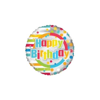 Palloncino Happy Birthday Pois e Linee standard shape 18" (45cm) in mylar, 1pz.