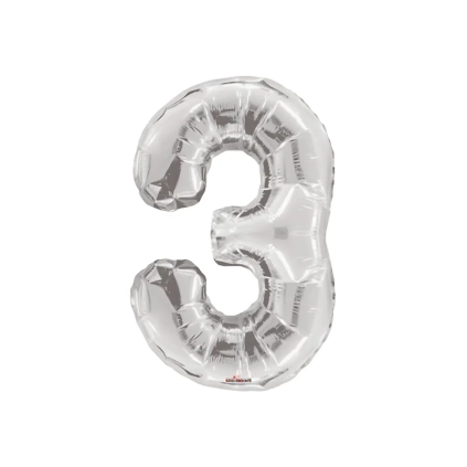 Palloncino numero 3 Argento salva elio super shape 34" (86cm) in mylar, 1pz.