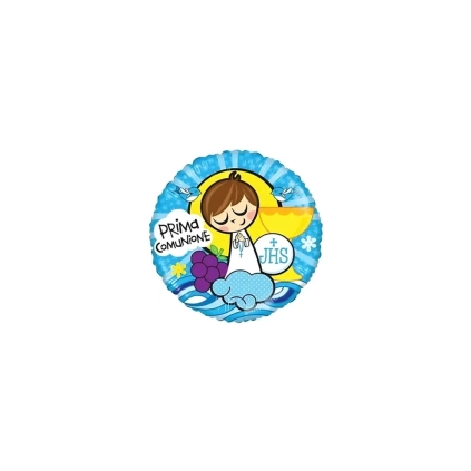 Palloncini Prima Comunione Celeste tondo mini shape 9" (22cm) in mylar, 5pz.