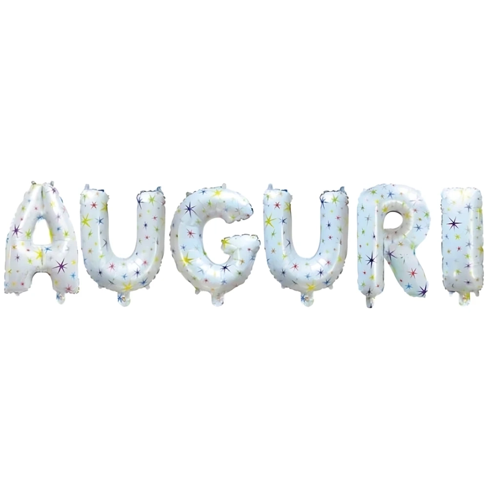 Palloncino scritta Auguri bianca con Stelle mini shape 14" (35cm) in mylar, 1pz.