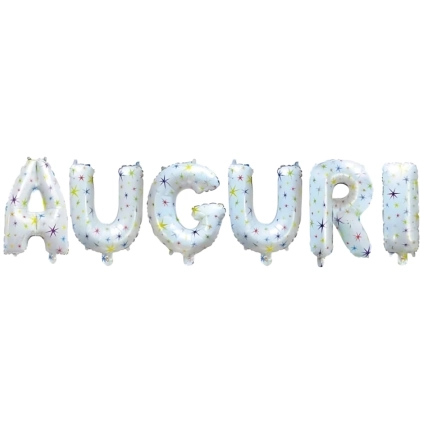 Palloncino scritta Auguri bianca con Stelle mini shape 14" (35cm) in mylar, 1pz.