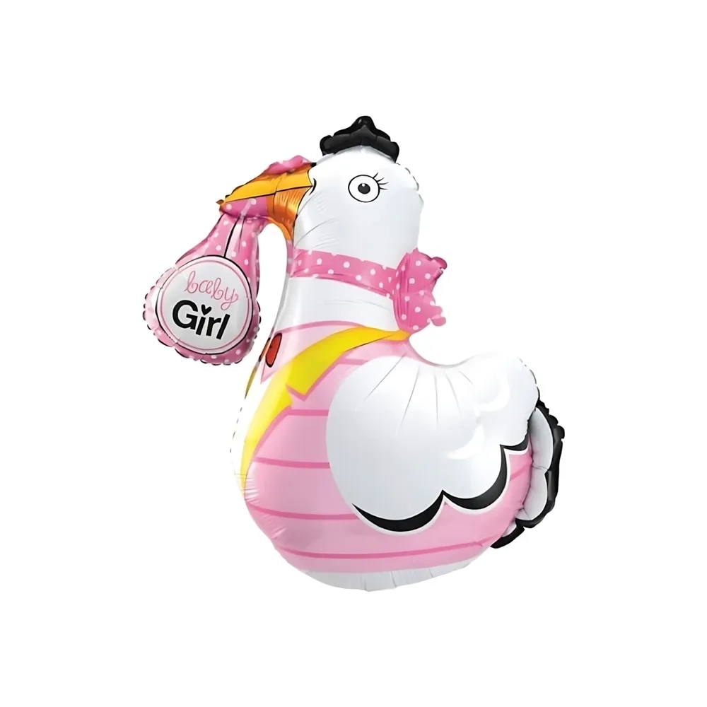 Palloncino Cicogna rosa con fagotto con scritta Girl 35" (88cm) in mylar, 1pz.
