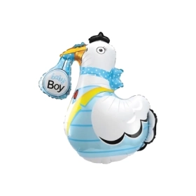 Palloncino Cicogna celeste con fagotto con scritta Boy super shape 35" (88cm) in mylar, 1pz.