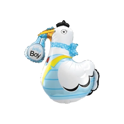 Palloncino Cicogna celeste con fagotto con scritta Boy super shape 35" (88cm) in mylar, 1pz.
