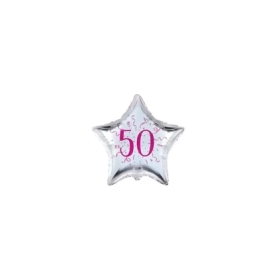 Palloncini stelline con numero 50 fucsia micro shape 4" (10cm) in mylar, 5pz.