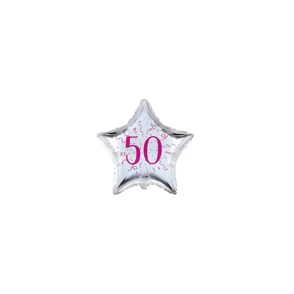 Palloncini stelline con numero 50 fucsia micro shape 4" (10cm) in mylar, 5pz.