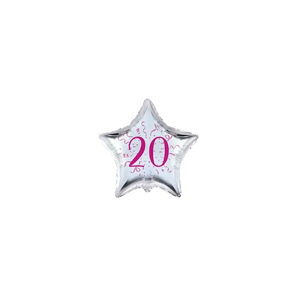Palloncini stelline con numero 20 fucsia micro shape 4" (10cm) in mylar, 5pz.