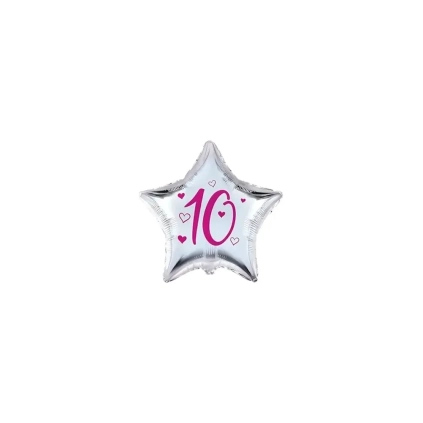 Palloncini stelline con numero 10 fucsia micro shape 4" (10cm) in mylar, 5pz.