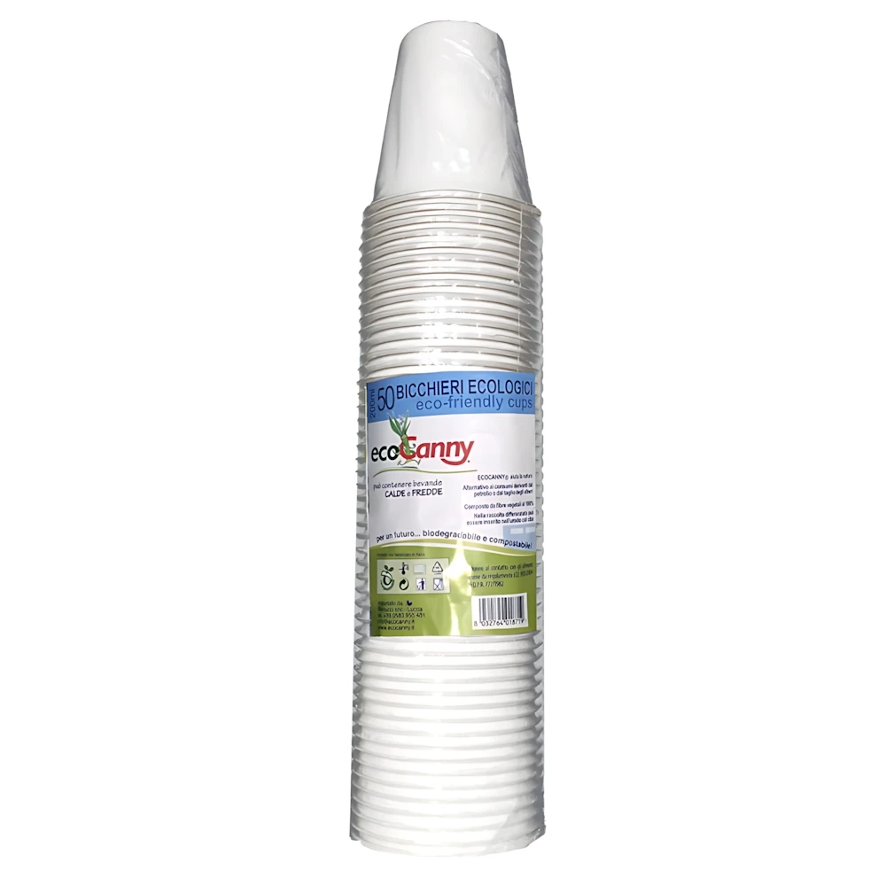 Eco Bicchieri bianchi 200ml, biodegradabili e compostabili, 50 pz.