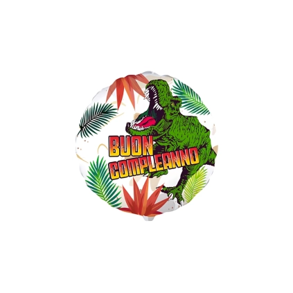 Palloncino Buon Compleanno con T-Rex standard shape 18" (45cm) in mylar, 1pz.