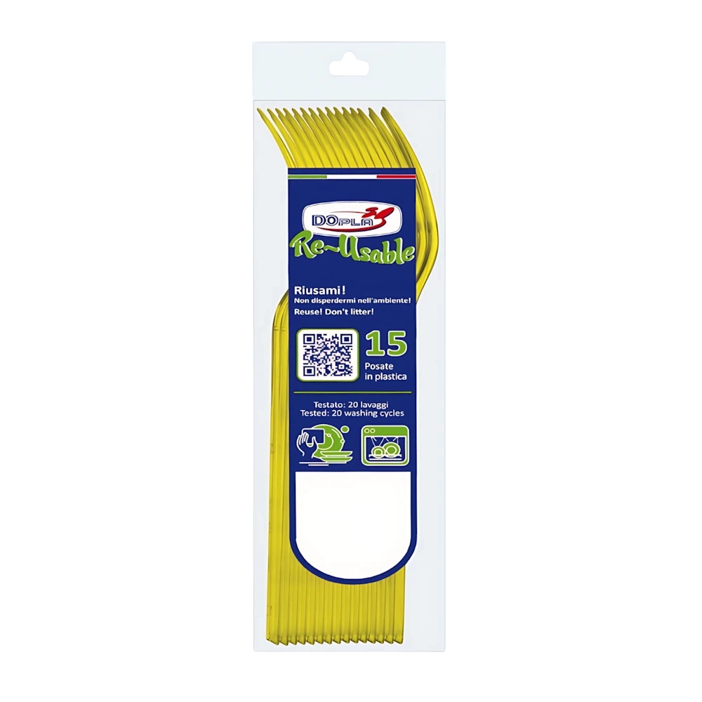 Forchette Compact Giallo in plastica riutilizzabili e lavabili in lavastoviglie, 15pz