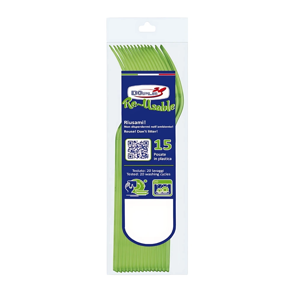 Forchette Compact Verde Acido in plastica riutilizzabili e lavabili in lavastoviglie, 15pz