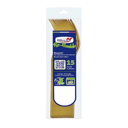 Forchette Compact Oro in plastica riutilizzabili e lavabili in lavastoviglie, 15pz