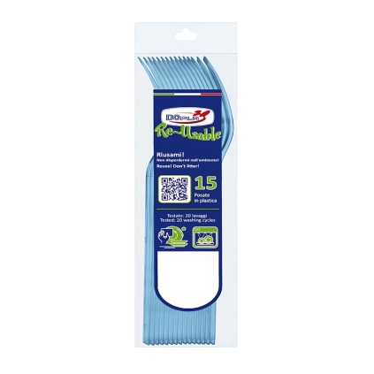 Forchette Compact Azzurro in plastica riutilizzabili e lavabili in lavastoviglie,15pz