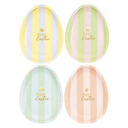 8 Piatti Sagomati Uovo "Happy Easter" Righe Pastello e Oro 22cm 8pz