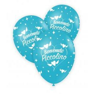 Palloncini celeste 12inc con stampa bianca globo benvenuto piccolino, 100pz.