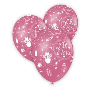 Palloncino nascita rosa con stampa e decori nascita e' nata, 11inc - 27cm, 100pz.