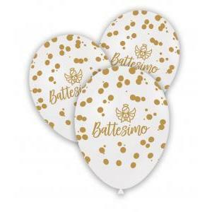 Palloncino in lattice battesimo 12inc-30cm bianco con stampa oro, 100pz.