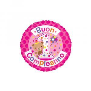 Palloncino  tondo 1 compleanno rosa 18"-45cm. 1pz