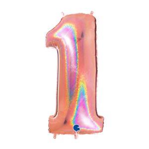 Palloncino  numero 1 hologlitter rosa gold 40" - 101cm. 1pz