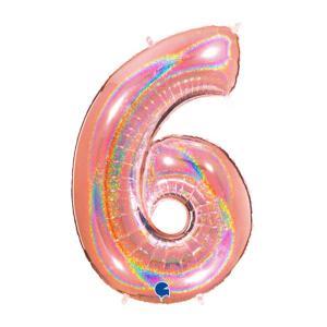 Palloncino  numero 6 hologlitter rosa gold 40" - 101cm. 1pz