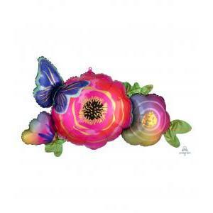 Palloncino  sagoma fiori satinati e farfalla supershape 37"x19". 1pz