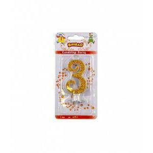 Candelina numero 3 color oro con glitter da 7cm, 1pz.