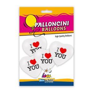 Blister con 10 palloncini cuore bianco con stampa nera e rossa i love you.