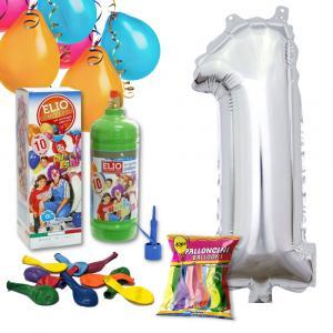 Kit elio più numero 1 mylar argento da 101cm e 10 palloncini omaggio, primo compleanno.