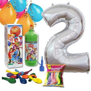 Kit elio più numero 2 mylar argento da 101cm e 10 palloncini omaggio, compleanno 2 anni.