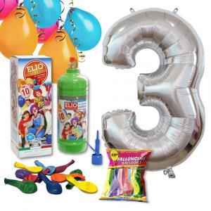 Kit elio più numero 3 mylar argento da 101cm e 10 palloncini omaggio, compleanno 3 anni.